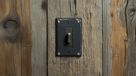 This image features a rustic light switch set against weathered wooden panels, showcasing vintage charm and natural textures suitable for home decor inspiration.の素材