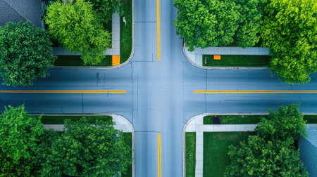 Discover a stunning aerial perspective of a city intersection framed by vibrant green trees and neatly arranged lawns, highlighting urban design in natural surroundings.の素材