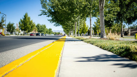 A peaceful urban scene featuring a clean street lined with vibrant green trees and a bright yellow line on the pavement, ideal for capturing the essence of city living.の素材