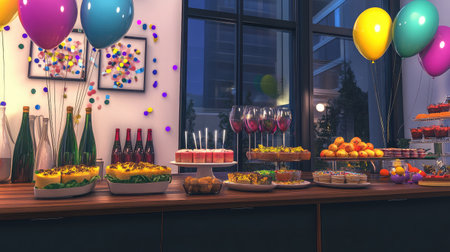 Delight in a festive gathering showcasing a beautifully arranged table with delicious food, colorful balloons, and sparkling drinks, perfect for celebrations and events.の素材