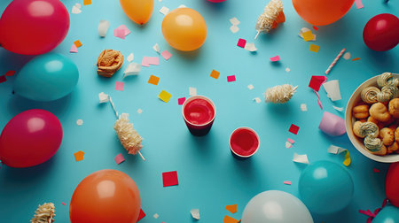 A vibrant party scene featuring colorful balloons, snacks, and refreshing drinks on a bright blue background, perfect for capturing the essence of festive celebrations and joyous gatherings.の素材