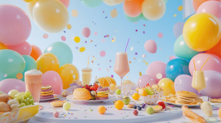 A vibrant celebration scene featuring colorful balloons, desserts, and refreshing drinks, creating a joyful atmosphere for parties and special occasions.の素材