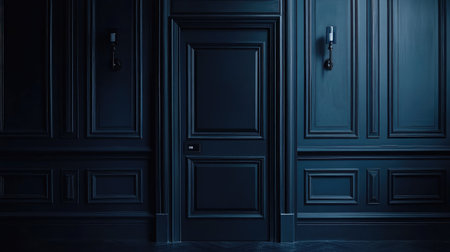 A striking dark blue wall featuring an elegant door and classic light fixtures, creating a sophisticated atmosphere perfect for modern interior design inspiration.の素材