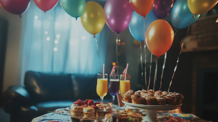A vibrant party scene featuring colorful balloons, delicious sweets, and refreshing drinks set on a beautifully arranged table, perfect for a joyful celebration.の素材