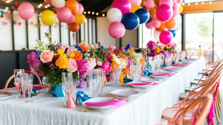 Experience a lively party scene featuring vibrant balloons and stunning floral centerpieces, perfect for creating an uplifting ambiance for any celebration or event.の素材