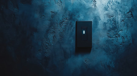 A sleek light switch illuminated by a soft blue glow stands out against a dark textured wall, enhancing the contemporary aesthetic of the interior space. Perfect for modern decor.の素材