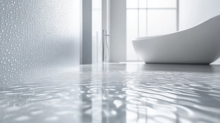 A bright, minimalist bathroom featuring a modern bathtub and water effects, capturing a serene atmosphere perfect for relaxation and tranquility in a stylish home environment.の素材