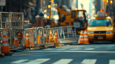 A vibrant urban construction scene captures the essence of city life, showcasing traffic cones, barriers, and a yellow taxi amidst the bustling streets of New York City.の素材