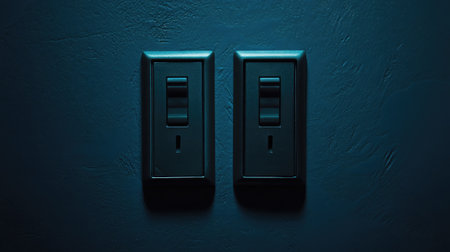 This image features two sleek light switches set against a dark wall, enhanced by soft blue lighting, offering a modern touch perfect for contemporary home decor.の素材