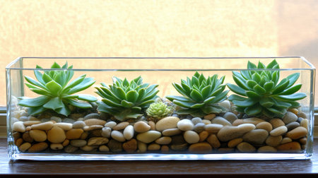A stunning succulent arrangement in a clear glass container filled with smooth pebbles, bathed in natural sunlight, perfect for enhancing indoor spaces and adding tranquility.の素材