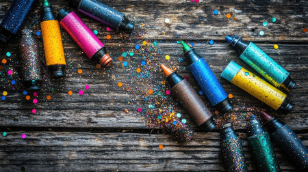 A captivating display of colorful glitter crayons and scattered confetti on a rustic wooden surface, perfect for inspiring creativity and enhancing art projects with a playful touch.の素材