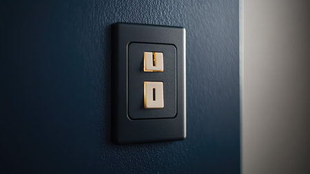 Close-up view of a stylish electrical outlet featuring two plugs on a dark blue wall showcasing modern home design and practical utility within an interior space.の素材