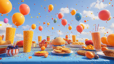 A lively outdoor celebration scene featuring colorful balloons, various delicious treats, and bright decorations that create an atmosphere of joy and fun. Perfect for event planning.の素材