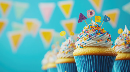Delightful cupcakes adorned with colorful sprinkles and playful decorations, perfect for parties and celebrations, set against a vibrant blue background. Perfect for sweet moments!の素材