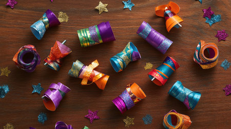 A vibrant arrangement of colorful ribbons and glittering stars set against a wooden background, ideal for crafting projects and festive celebrations. Perfect for adding a joyful touch.の素材