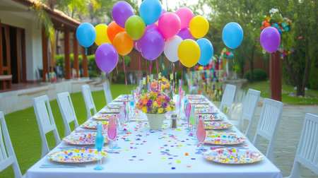 A vibrant outdoor party setup featuring a long table adorned with balloons, flowers, and colorful decorations, perfect for celebrations with friends and family in a beautiful garden setting.の素材