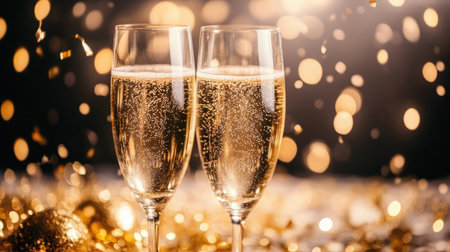 Two elegant champagne glasses filled with bubbly drink celebrate a special moment with golden confetti and soft bokeh lights, perfect for festive occasions.の素材