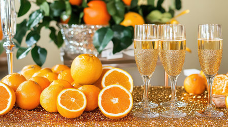 A charming scene featuring fresh oranges alongside sparkling champagne glasses, perfect for adding a festive touch to any joyful celebration or gathering with friends and family.の素材