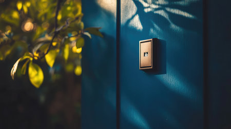 A stylish light switch mounted on a vibrant wall, immersed in sunlight filtering through lush foliage, showcasing the blend of modern design and natural beauty.の素材