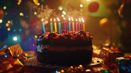 A beautifully decorated birthday cake with vibrant candles sits amid colorful presents, creating a warm and festive atmosphere perfect for celebrations.の素材