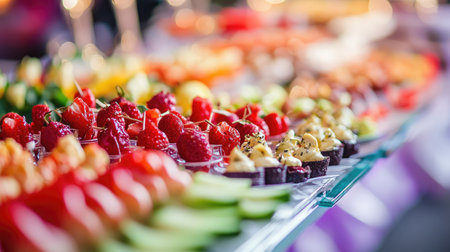 A stunning display of assorted fresh fruits and elegant desserts arranged beautifully on a banquet table, perfect for an upscale event or celebration.の素材