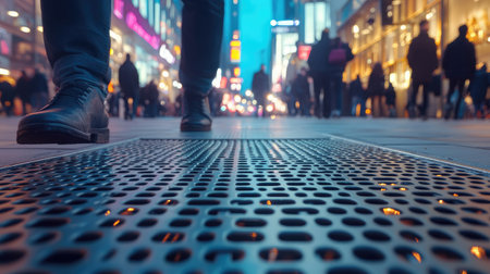 The image captures urban footsteps on a grated sidewalk amid a lively city scene at dusk, showcasing vibrant storefronts and a bustling atmosphere filled with people.の素材