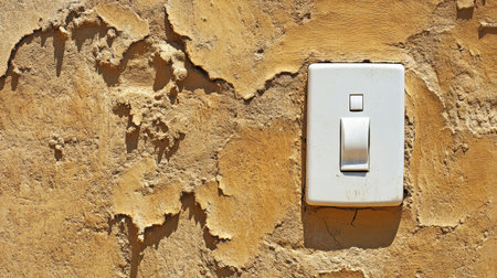 A close-up view of a white light switch mounted on a textured yellow wall, showcasing the contrast between modern design and rustic wear, perfect for home improvement themes.の素材