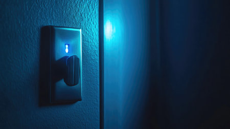 A close-up view of a light switch featuring blue illumination in a dark room, creating a tranquil and mysterious atmosphere perfect for modern interior settings.の素材