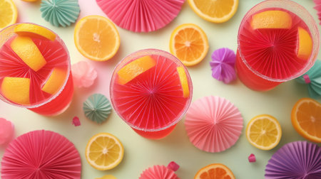 Bright and colorful drinks garnished with lemon slices, surrounded by playful decorations create a vibrant atmosphere for any summer gathering or celebration.の素材