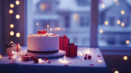 A beautifully decorated birthday cake sits on a table surrounded by presents and soft candlelight, creating a warm and festive atmosphere for any celebration.の素材