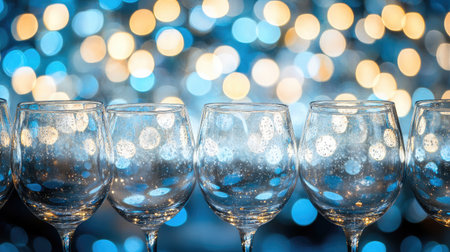 A row of elegant wine glasses set against a stunning bokeh background featuring soft blue and gold lights, perfect for adding charm to celebrations and gatherings.の素材