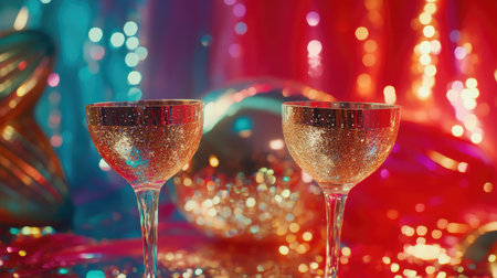 Two sparkling champagne glasses stand elegantly against a vibrant backdrop with colorful bokeh lights, creating a festive ambiance perfect for celebrations and joyous gatherings.の素材