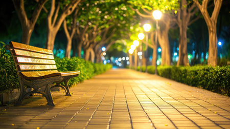 A picturesque park pathway lined with lush green trees and glowing lights, inviting visitors to enjoy peaceful evening strolls in a tranquil urban setting.の素材