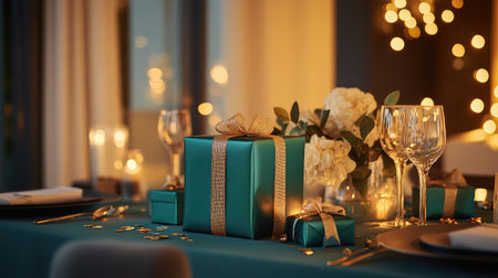 A beautifully arranged holiday table featuring teal gifts, floral accents, sparkling lights, and elegant glassware, creating a warm and festive atmosphere for special occasions.の素材