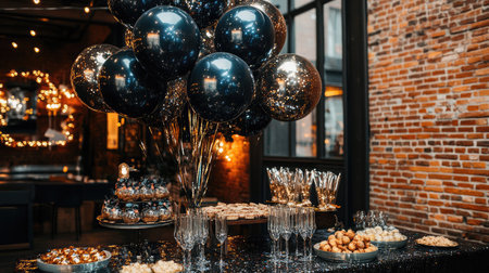 A beautifully arranged table for a New Year's Eve celebration featuring elegant black balloons, appetizing snacks, sparkling glasses, and a warm festive atmosphere for memorable gatherings.の素材