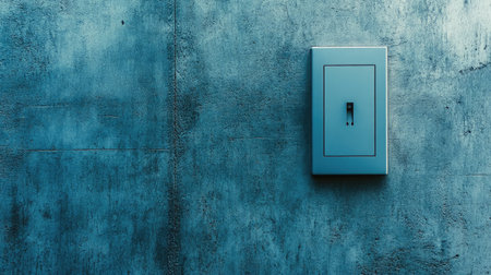 A close-up view of a minimalist light switch set against a textured blue concrete wall, showcasing simplicity and modern design aesthetics for contemporary interiors.の素材