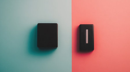 Discover a striking minimalist design featuring two black boxes placed on complementary blue and coral backgrounds, perfect for modern dの素材