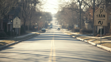 A tranquil residential street bathed in morning light, showcasing subtle shadows and scattered vehicles, perfect for capturing urban life and peaceful commutes.の素材