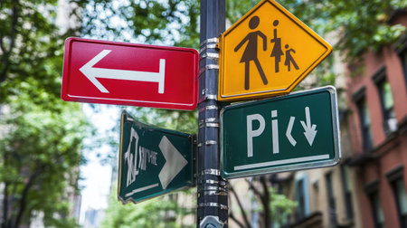 A collection of street signs showcasing directions and pedestrian safety measures in an urban setting, surrounded by trees and buildings, emphasizing city life's dynamics.の素材