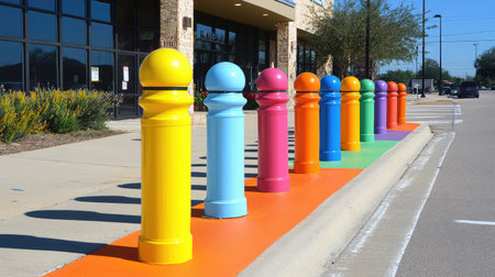 A vibrant display of colorful bollards lines a bright pathway, creating an inviting atmosphere outside a modern building in an urban setting.の素材