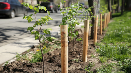 A row of young tree saplings is seen planted along a city street, supported by wooden stakes, surrounded by lush grass and soil in a sunny urban environment.の素材
