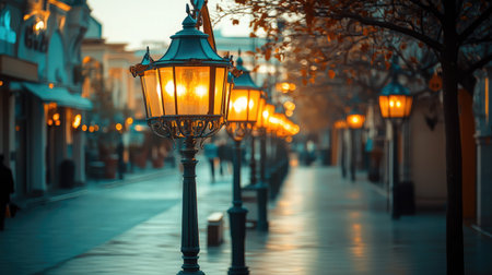 A picturesque view of vintage street lamps casting a warm glow on a charming urban pathway during twilight, inviting viewers to enjoy peaceful evening strolls.の素材