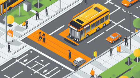 A colorful depiction of a busy urban intersection showcasing pedestrians, a bright yellow bus, and various vehicles moving in a lively city environment.の素材