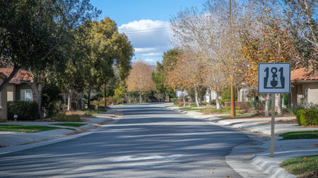 A tranquil suburban street lined with trees in autumn hues, showcasing a peaceful neighborhood atmosphere under a bright blue sky, perfect for capturing everyday life.の素材