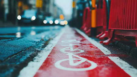 A vibrant red bicycle lane with traffic barriers leads through the urban landscape, highlighting the importance of cycling safety amidst busy streets and blurred vehicle motion.の素材