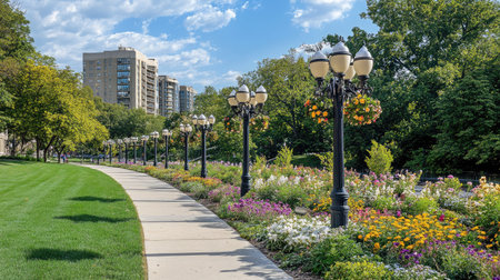A serene urban park pathway featuring vibrant flower beds and stylish street lamps creates a beautiful outdoor scene, ideal for a leisurely stroll or relaxation amidst lush greenery and blue sky.の素材