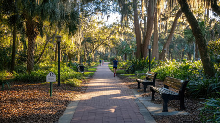 A tranquil pathway meanders through a lush park adorned with majestic trees and benches, inviting visitors to enjoy leisure activities in warm golden sunlight.の素材