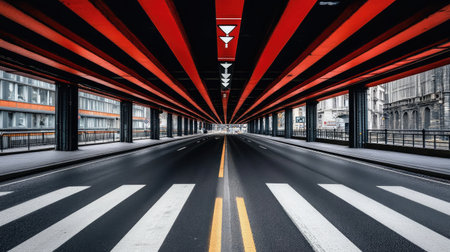 Captivating urban image displaying an empty street lined with bold red beams and striking structural elements, showcasing modern architecture beneath an overpass.の素材