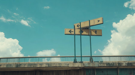 Scenic view of road signs indicating direction on a bridge with a beautiful blue sky and fluffy clouds, perfect for transportation and travel themes.の素材