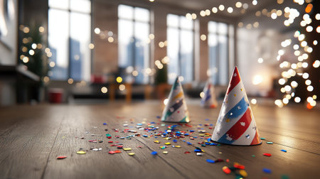 Vibrant and festive scene showcasing colorful party hats amid scattered confetti on a wooden floor, illuminated by soft lights, ideal for capturing the essence of joyous celebrations.の素材